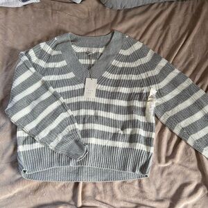 a new day Gray and White Striped V-Neck Sweater